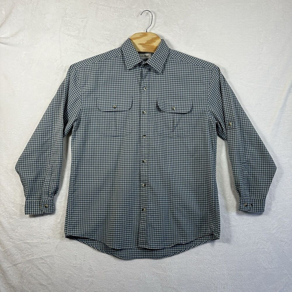 LL Bean Shirt Men's L Blue Check Performance Seersucker Roll Tab‎ Button 0GR88